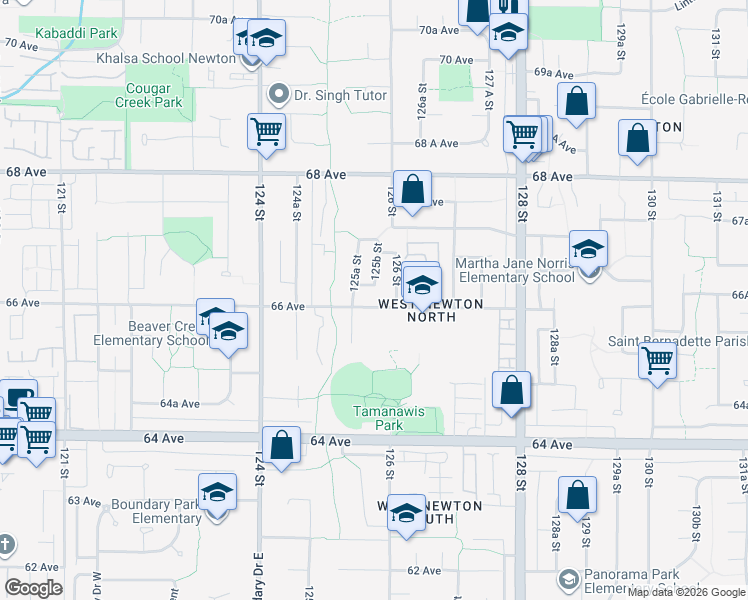 map of restaurants, bars, coffee shops, grocery stores, and more near 12579 66 Avenue in Surrey