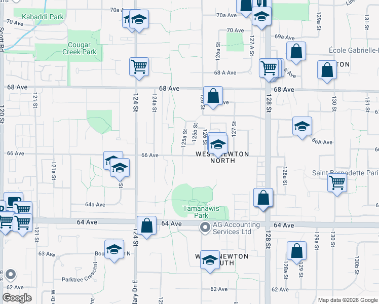 map of restaurants, bars, coffee shops, grocery stores, and more near 12567 66 Avenue in Surrey