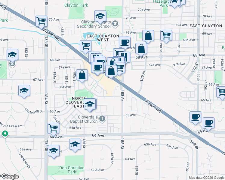 map of restaurants, bars, coffee shops, grocery stores, and more near 6629 187A Street in Surrey