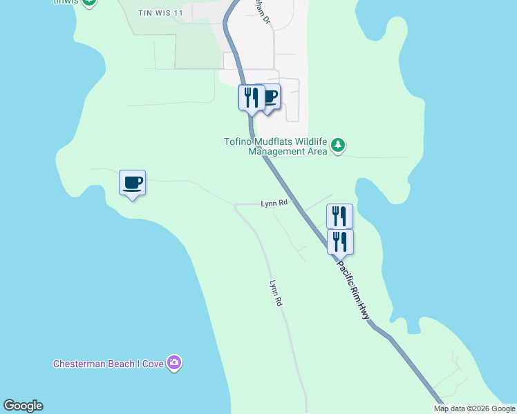 map of restaurants, bars, coffee shops, grocery stores, and more near 1173 Lynn Road in Tofino