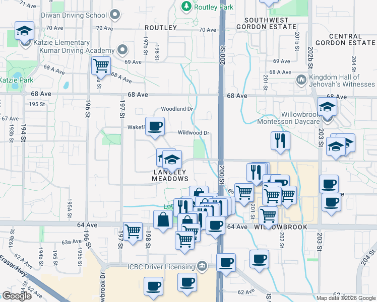 map of restaurants, bars, coffee shops, grocery stores, and more near 2369 Wakefield Court in Langley City