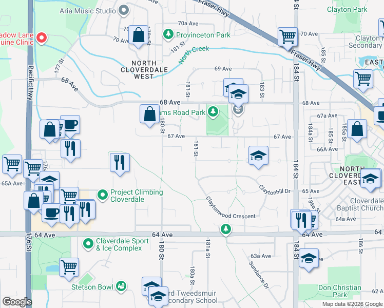 map of restaurants, bars, coffee shops, grocery stores, and more near 6643 181 Street in Surrey