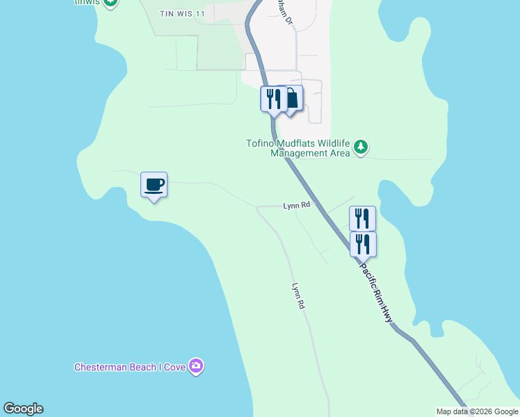 map of restaurants, bars, coffee shops, grocery stores, and more near 1197 Lynn Road in Tofino