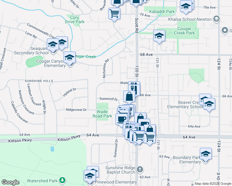 map of restaurants, bars, coffee shops, grocery stores, and more near 11902 Baker Place in Delta