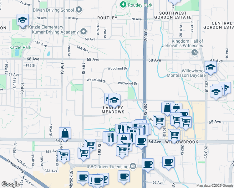 map of restaurants, bars, coffee shops, grocery stores, and more near 2389 Wakefield Drive in Langley