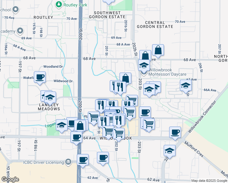 map of restaurants, bars, coffee shops, grocery stores, and more near 20211 66 Avenue in Langley Township