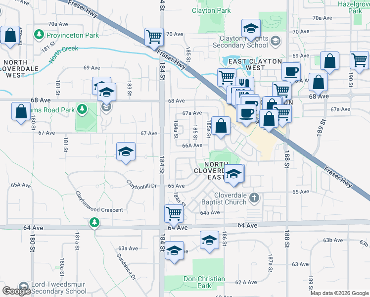 map of restaurants, bars, coffee shops, grocery stores, and more near 18468 66A Avenue in Surrey
