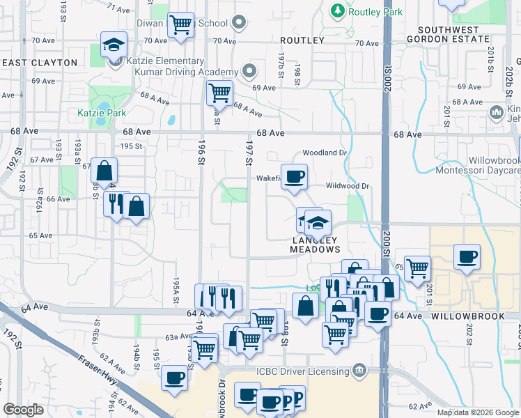 map of restaurants, bars, coffee shops, grocery stores, and more near 2419 Wayburne Crescent in Langley City