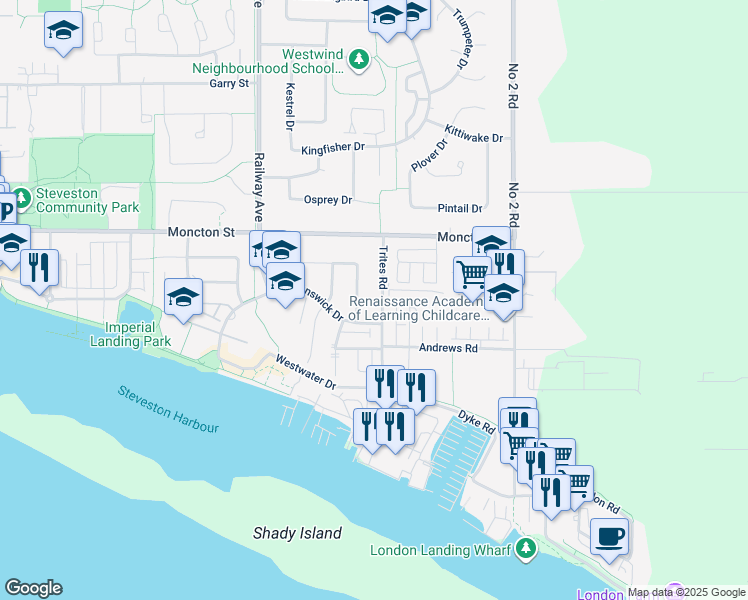 map of restaurants, bars, coffee shops, grocery stores, and more near 12311 Trites Road in Richmond