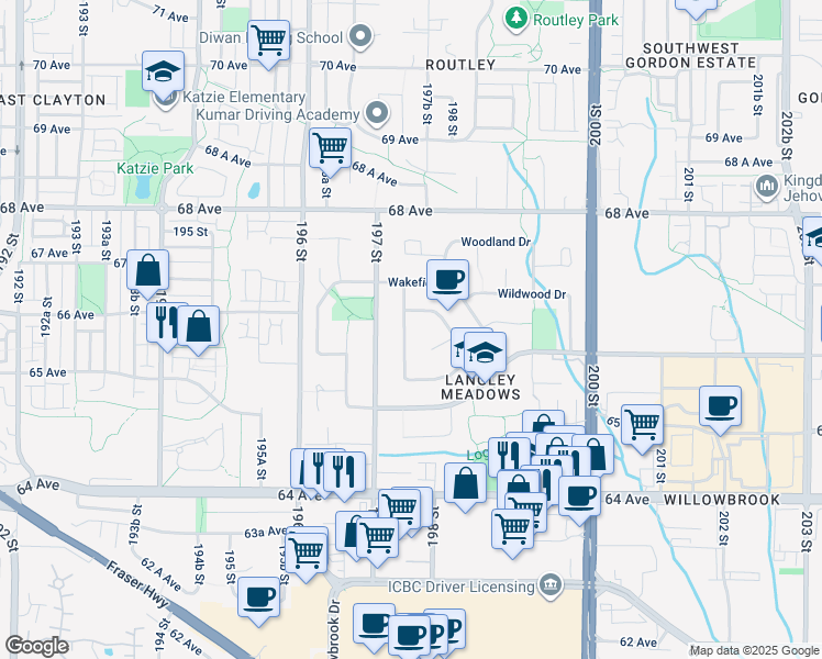map of restaurants, bars, coffee shops, grocery stores, and more near 2418 Wayburne Crescent in Langley