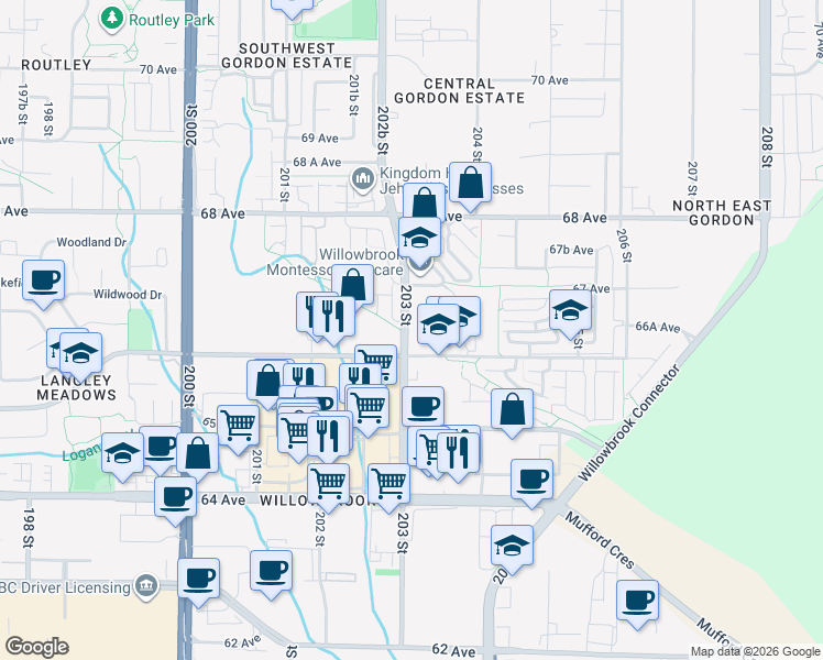 map of restaurants, bars, coffee shops, grocery stores, and more near 6644 203 Street in Langley