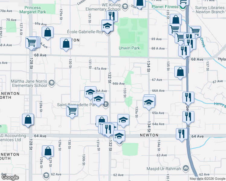 map of restaurants, bars, coffee shops, grocery stores, and more near in Surrey