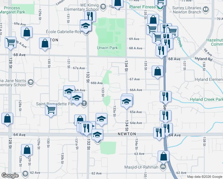 map of restaurants, bars, coffee shops, grocery stores, and more near 13325 66A Avenue in Surrey