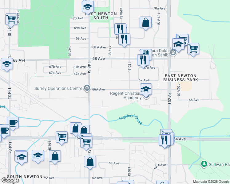 map of restaurants, bars, coffee shops, grocery stores, and more near 15020 66A Avenue in Surrey