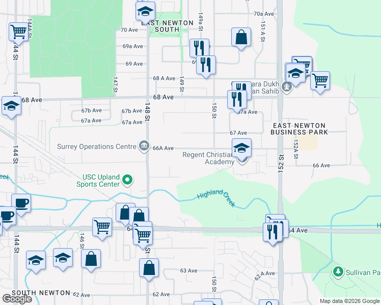 map of restaurants, bars, coffee shops, grocery stores, and more near 14923 66A Avenue in Surrey