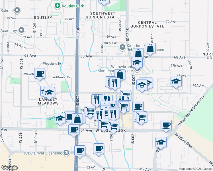 map of restaurants, bars, coffee shops, grocery stores, and more near 20211 66 Avenue in Langley