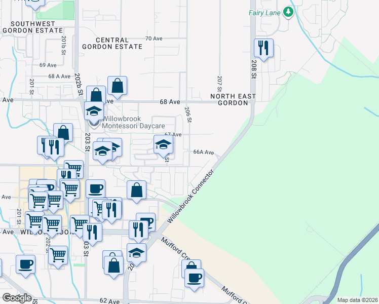 map of restaurants, bars, coffee shops, grocery stores, and more near 7937 206 Street in Langley
