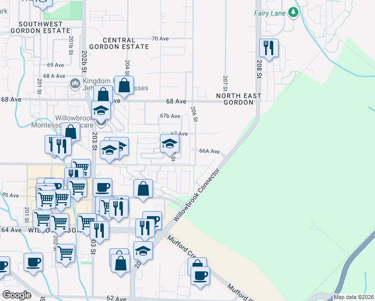 map of restaurants, bars, coffee shops, grocery stores, and more near 20589 66 Avenue in Langley City