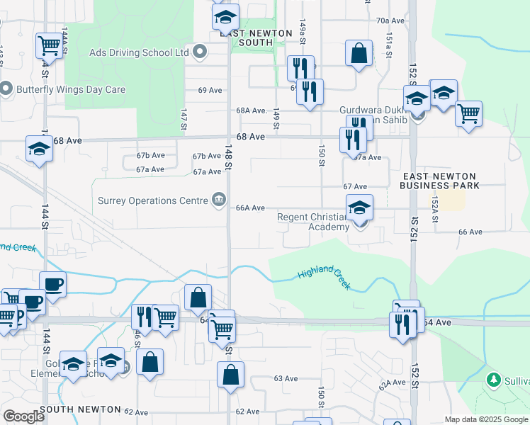 map of restaurants, bars, coffee shops, grocery stores, and more near 6648 148 Street in Surrey