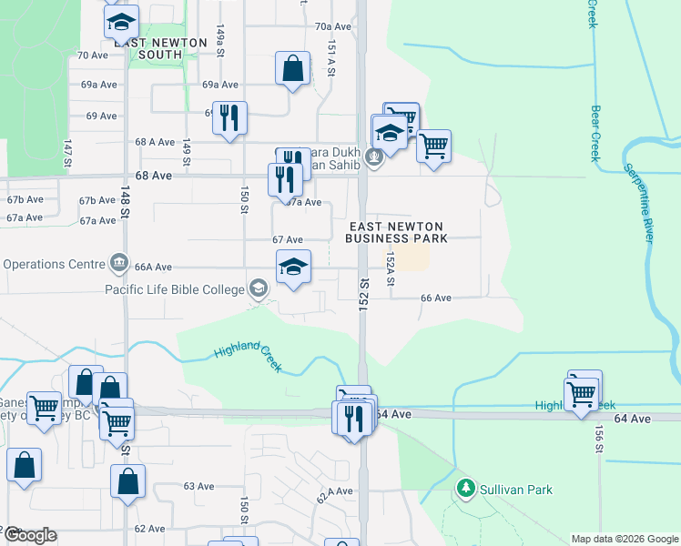 map of restaurants, bars, coffee shops, grocery stores, and more near in Surrey