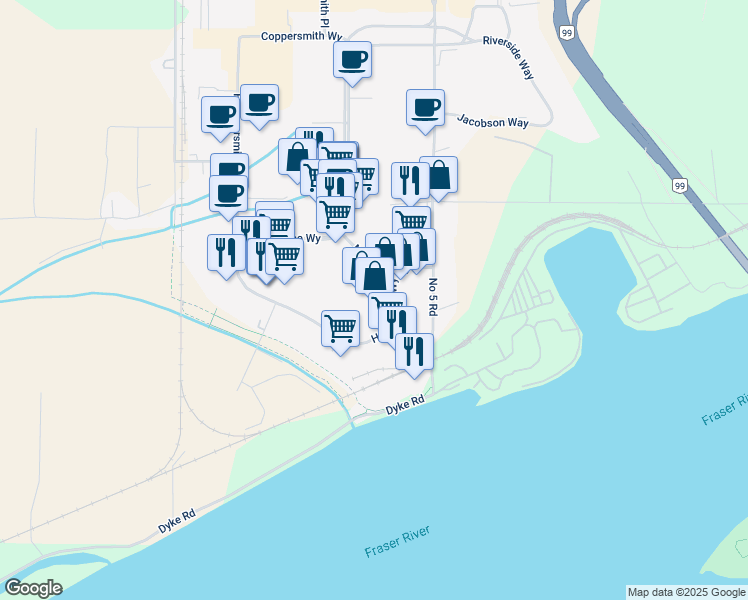 map of restaurants, bars, coffee shops, grocery stores, and more near in Richmond