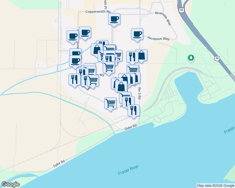 map of restaurants, bars, coffee shops, grocery stores, and more near 12500 Horseshoe Way in Richmond