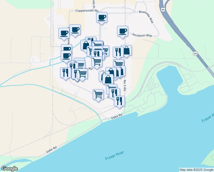 map of restaurants, bars, coffee shops, grocery stores, and more near 12500 Horseshoe Way in Richmond
