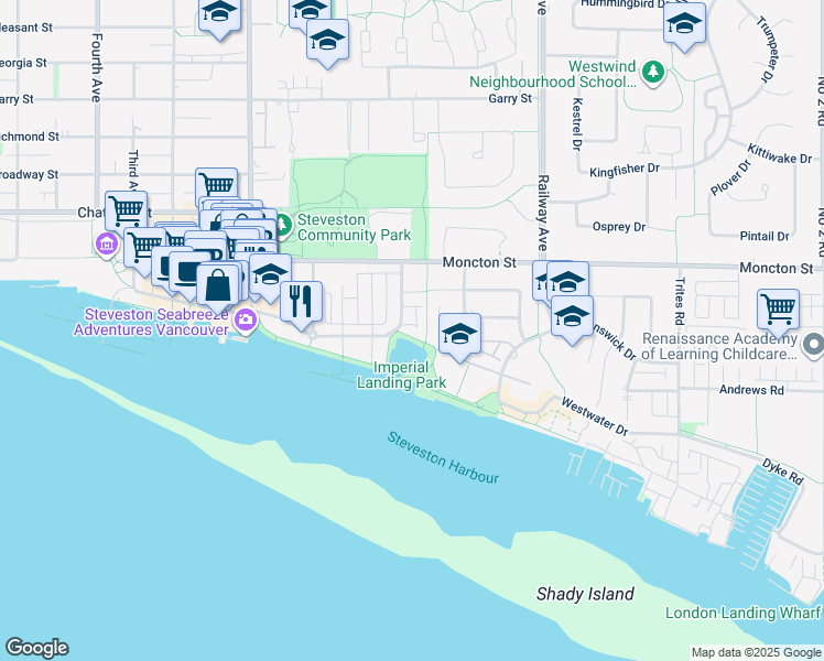 map of restaurants, bars, coffee shops, grocery stores, and more near 4388 Bayview Street in Richmond