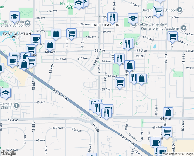 map of restaurants, bars, coffee shops, grocery stores, and more near 6635 192 Street in Surrey