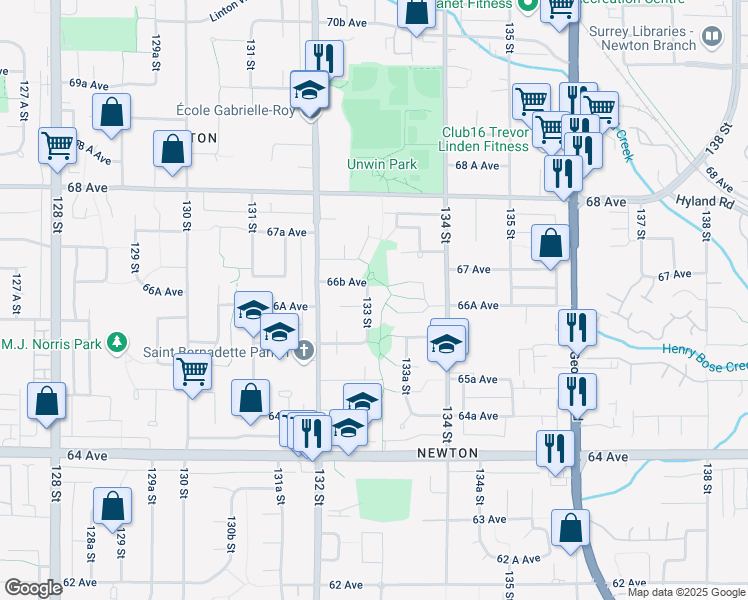 map of restaurants, bars, coffee shops, grocery stores, and more near 6640 133 Street in Surrey