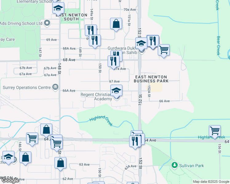 map of restaurants, bars, coffee shops, grocery stores, and more near 15070 66A Avenue in Surrey