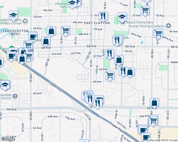 map of restaurants, bars, coffee shops, grocery stores, and more near 6635 192 Street in Surrey