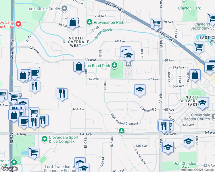 map of restaurants, bars, coffee shops, grocery stores, and more near 6648 181 Street in Surrey