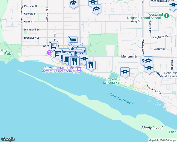 map of restaurants, bars, coffee shops, grocery stores, and more near 1 Bayview Street in Richmond