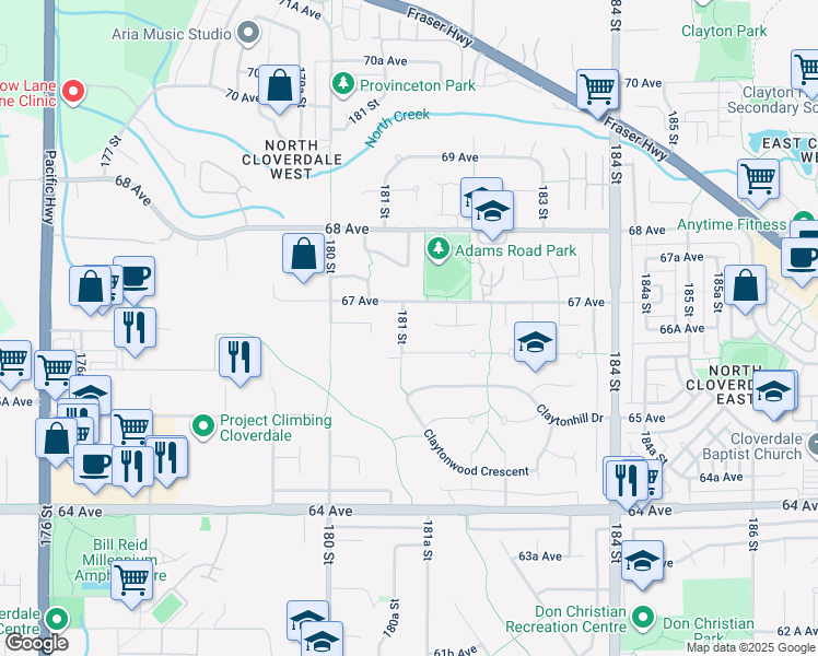 map of restaurants, bars, coffee shops, grocery stores, and more near 6648 181 Street in Surrey