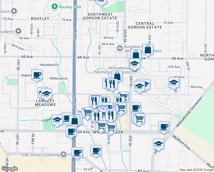 map of restaurants, bars, coffee shops, grocery stores, and more near 20211 66 Avenue in Langley Township