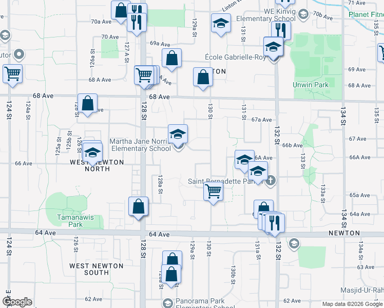 map of restaurants, bars, coffee shops, grocery stores, and more near 12946 66A Avenue in Surrey