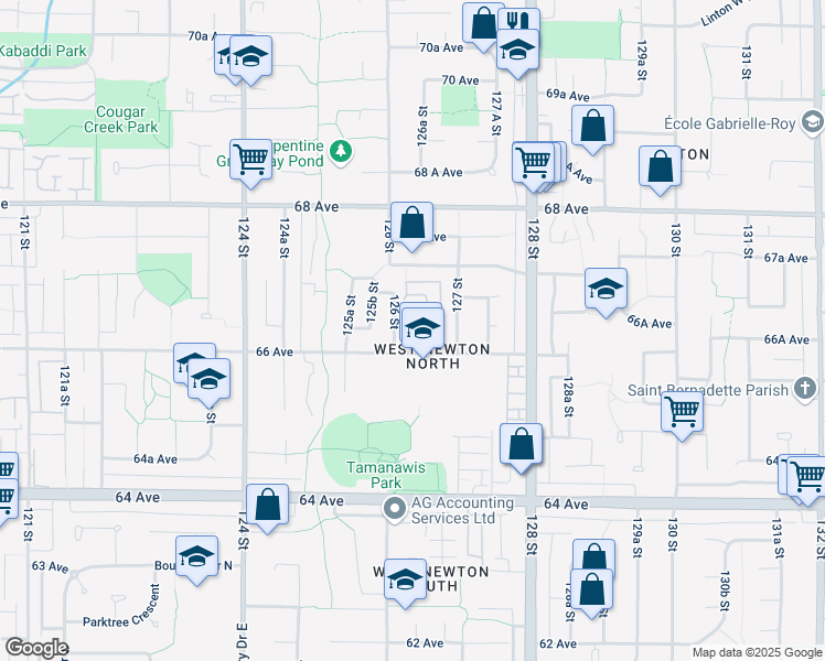 map of restaurants, bars, coffee shops, grocery stores, and more near 12626 Hampton Court in Surrey