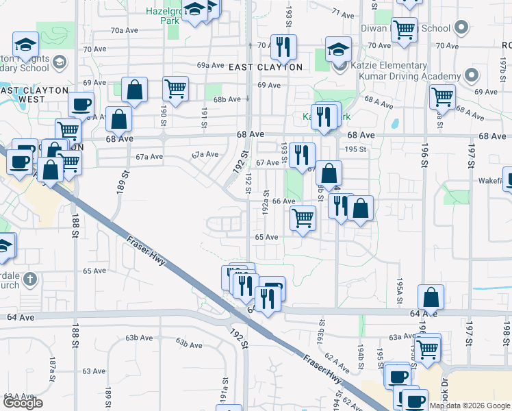 map of restaurants, bars, coffee shops, grocery stores, and more near 35 66 Avenue in Surrey