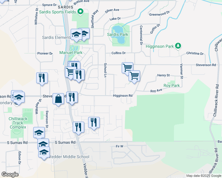 map of restaurants, bars, coffee shops, grocery stores, and more near 6675 Beaufort Road in Chilliwack