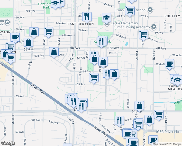 map of restaurants, bars, coffee shops, grocery stores, and more near 19326 66 Avenue in Surrey