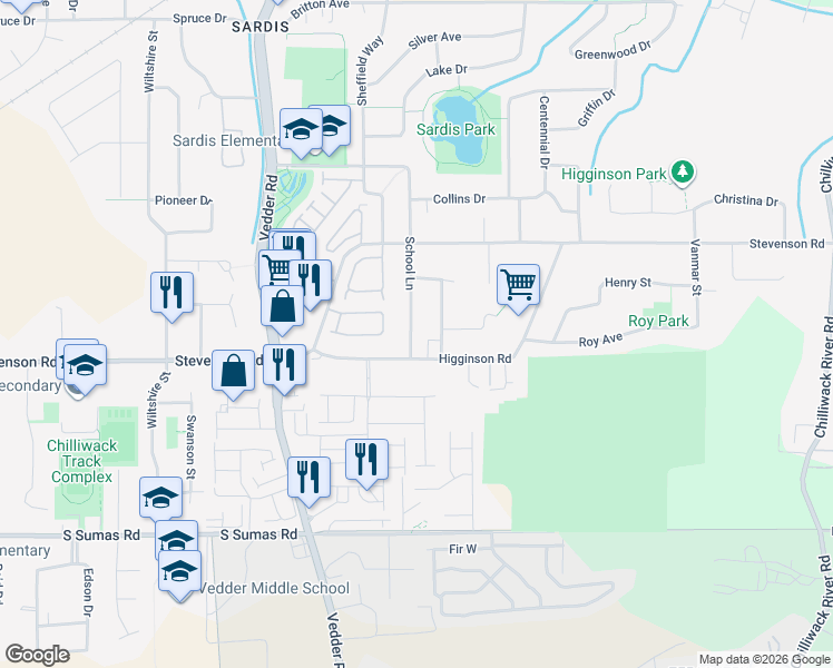 map of restaurants, bars, coffee shops, grocery stores, and more near 6674 School Lane in Chilliwack
