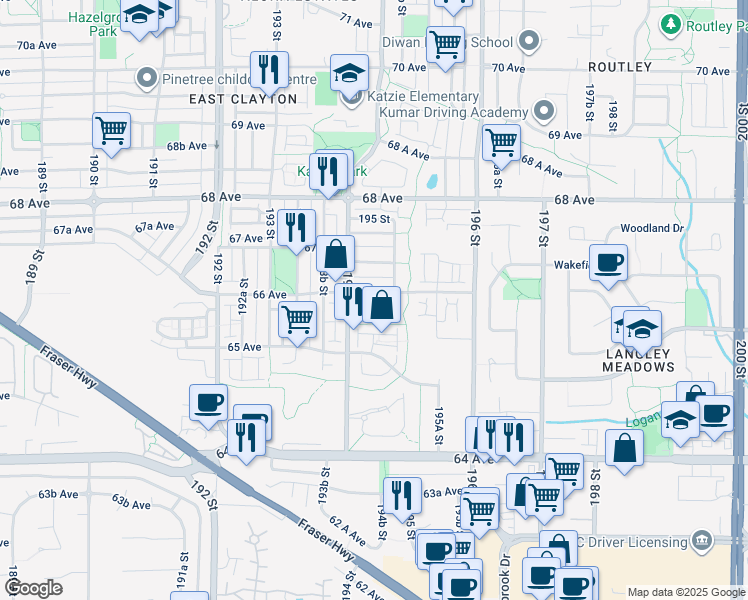 map of restaurants, bars, coffee shops, grocery stores, and more near in Surrey