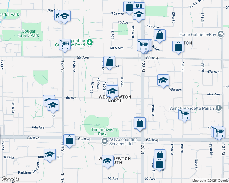 map of restaurants, bars, coffee shops, grocery stores, and more near in Surrey