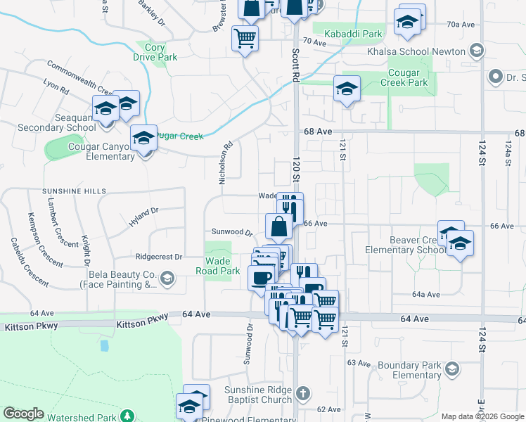 map of restaurants, bars, coffee shops, grocery stores, and more near 6632 Baker Road in Delta