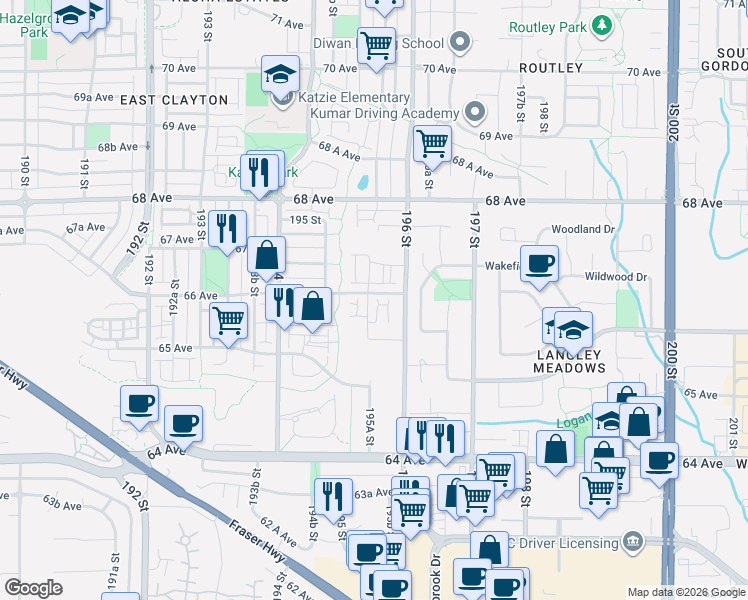 map of restaurants, bars, coffee shops, grocery stores, and more near 6588 195A Street in Langley