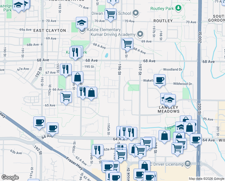 map of restaurants, bars, coffee shops, grocery stores, and more near 6588 195A Street in Langley