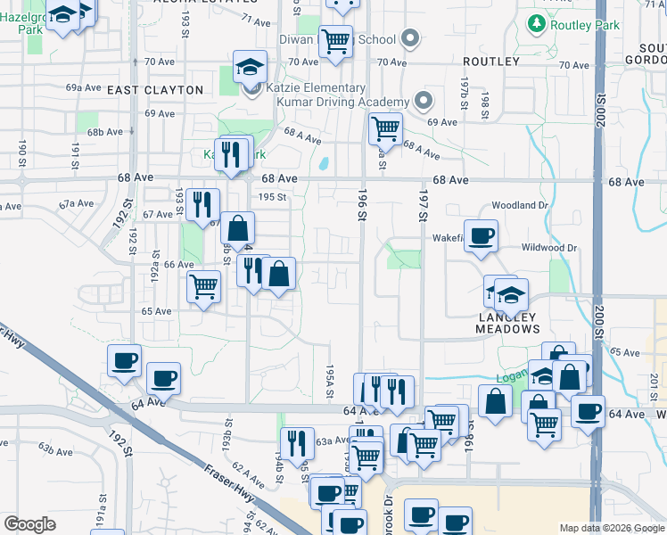 map of restaurants, bars, coffee shops, grocery stores, and more near 6588 195A Street in Surrey