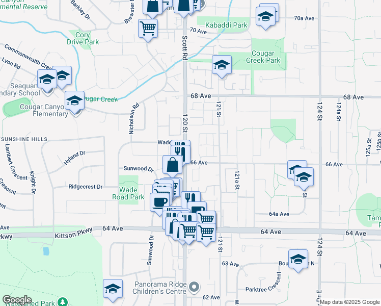 map of restaurants, bars, coffee shops, grocery stores, and more near 6628 120 Street in Surrey