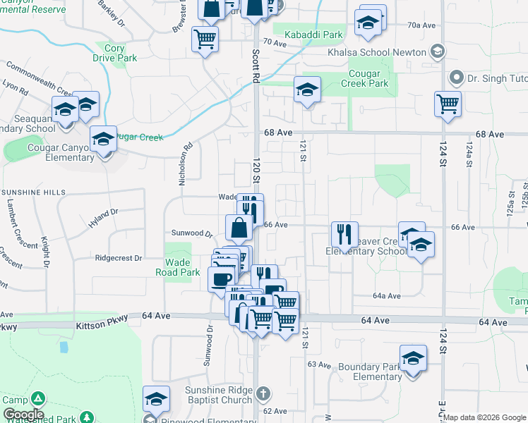 map of restaurants, bars, coffee shops, grocery stores, and more near 6628 120 Street in Surrey